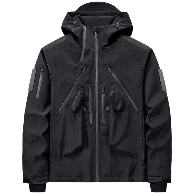 Solid Black Color Long Sleeve Front Logo Waterproof Breathable Hip Hop Loose Fit High Neck Oversized Streetwear Techwear Jackets