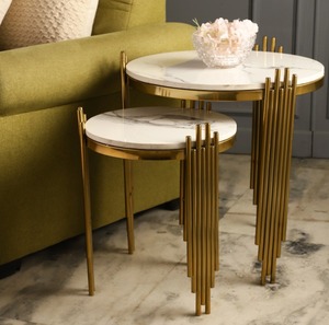 Elegant Marble Top Nesting <b>Tables</b> <b>Set</b> with Gold Metal Frame Modern <b>Side</b> <b>Tables</b> for Living Room Decor At Cheap Price - Product Image 4