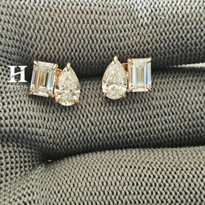 IGI Certified Lab Grown Diamond Toi et Moi <b>Stud</b> Earrings 14K 18K White Gold Pear and <b>Emerald</b> Cut Diamond Cluster Earrings - Product Image 5