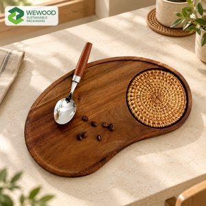 Plateau de service en bois d'acacia de qualité supérieure avec insert en rotin tressé, plateau de présentation pour café, thé et en-cas - Product Image 1