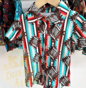 Chemise en coton imprimée à manches courtes pour garçons, col rabattu décontracté, motif peint à la main, bleu, jaune, vert, haut d'été - Product Image 6