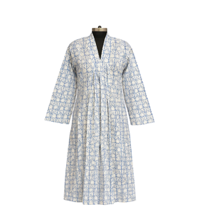 ชุดเดรสผ้าฝ้ายพิมพ์ลายบล็อกทำมือ คอวี แขนยาว ทรงเข้ารูป มีกระเป๋าข้าง สำหรับผู้หญิง ชุดเดรสยาวหรูหรา - Product Image 1