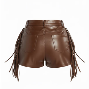 Shorts en cuir PU marron taille haute pour femme avec décoration à pompons, style bohème, fermeture boutonnée - Product Image 2