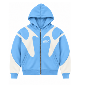 Sky Blue Contrast Panel <b>Zip</b> Up <b>Hoodie</b> Men Streetwear Full Zipper Long Sleeve Casual Fleece Hooded Jacket With <b>Pockets</b> - Product Image 1