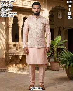 Bandhani Premium Blue <b>Silk</b> Floor-Length Traditional Men's <b>Kurta</b> Set with Floral Jacquard Waistcoat for Wedding Party Occasions - Product Image 2