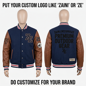 Chaqueta Unisex ZAINI de Lana Premium de 400 GSM, Gris y Negro con Mangas en Contraste, Bordado Chenille, Logotipo Personalizado, Estilo Letterman, Resistente al Viento - Product Image 1