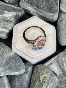 Anillo de diamantes azules y rosas con corte de pera Toi et Moi en oro blanco con engaste halo, anillo de compromiso y boda de lujo único para mujer - Product Image 3