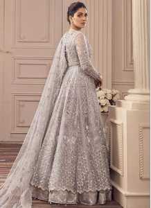 Elegante traje Anarkali de gasa gris bordado, manga larga, cuello alto, largo hasta el suelo, corte en A, vestido para la madre de la novia - Product Image 3