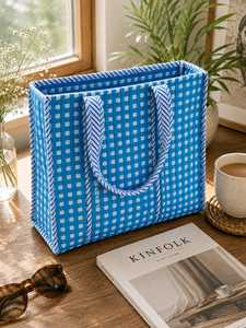 Blue Quilted <b>Tote</b> <b>Bag</b> with <b>White</b> Check Pattern Zipper Closure Bohemian Style Large Capacity Embroidery Daily Use Shopping <b>Bag</b> - Product Image 4