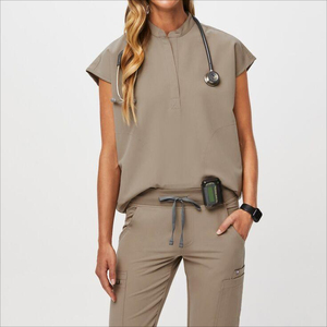 Unisex Fashion V-Neck <b>Scrub</b> Top Stretchy Hospital Uniform with Zip Pocket Nursing Medical Uniforms Knitted 100% Cotton Polyester - Product Image 2