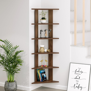 Étagère murale d'angle en bois moderne à 6 niveaux, présentoir triangulaire marron, bibliothèque murale pour salon - Product Image 6