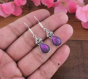 Boucles d'oreilles pendantes vintage en argent sterling, cuivre violet, jade violet, filigrane, forme goutte d'eau, coupe poire, style bohème, pour anniversaire - Product Image 3
