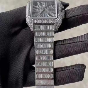 Reloj de Acero Inoxidable con Corte Baguette, Diseño Esqueleto, Cuadrado, Totalmente Cubierto de Piedras, Esfera Transparente, Mecánico, Elegante - Product Image 4