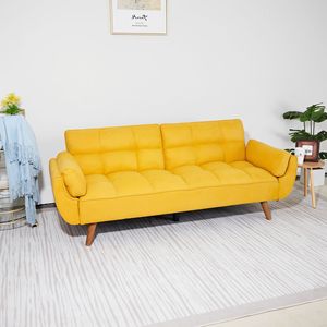 Divano Letto Convertibile Giallo da 75 Pollici con Braccioli Svasati, Reclinabile e Pieghevole, Rivestimento in Pelle, Base Quadrata in Metallo per Soggiorno - Product Image 2