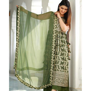 Nueva llegada Georgette bordado trabajo Top Palazzo con dupatta verde - Product Image 1
