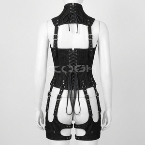 <b>Underbust</b> Steelboned Black Denim Corset With Leg And Neck Harness - Product Image 4