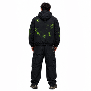 Veste coupe-vent personnalisée pour homme, vert fluo, motif éclaboussures, entièrement zippée, à capuche, oversize, imperméable, style streetwear, survêtement, manteau cargo - Product Image 2