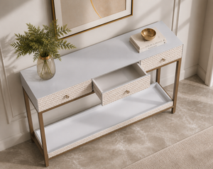 Mesa Consola Moderna Blanca con 3 Cajones, Mesa de Entrada para Sofá, Mueble de Almacenamiento Tejido para Pasillo y Sala de Estar - Product Image 4