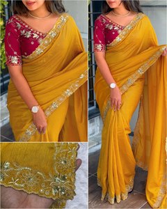 Celebrity Inspired Best Selling Long Length Cut Border Work Mysore Cotton Slub Fabric Precio bajo Sari de moda con blusa - Product Image 5