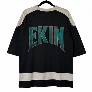 T-shirt en jean délavé unisexe American Vintage à manches courtes avec broderie de patch et motif imprimé en tissu tissé, coupe ample style streetwear - Product Image 2