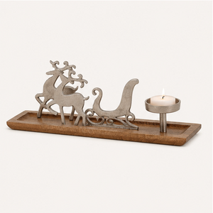 Porte-bougie en métal fait main en forme de renne sur plateau en bois de manguier, support vintage argenté pour bougies chauffe-plat de Noël, pour une décoration festive de la maison - Product Image 1