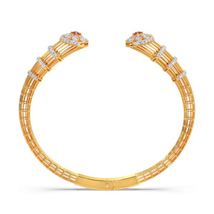 Twin Floral Crown Diamond <b>Bracelet</b> with Yellow Gold Ribbed Band and <b>Red</b> Stone Open End Design - Product Image 2