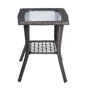 Outdoor Grey Wicker Side Table with Glass Top Rattan End Table for Patio Coffee Bistro Table for Indoor Garden Porch Balcony - Product Image 2