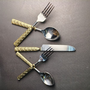 Elegant Basket Weave Pattern Gold Handle Cutlery <b>Set</b> Premium Stainless Steel <b>Knife</b>, <b>Fork</b>, <b>and</b> Spoon <b>Set</b> for High End Hotel - Product Image 4