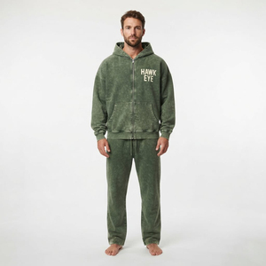 Conjunto de Sudadera con Capucha y Pantalones Deportivos para Hombre, Lavado Ácido, Cierre Completo, Hombros Caídos, Bolsillo Canguro, Elegante, Dos Piezas - Product Image 4