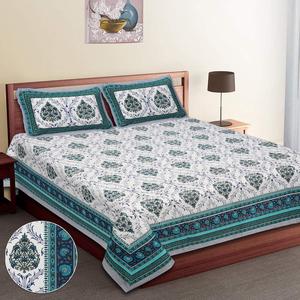 Drap de lit double en pur coton imprimé, motif floral turquoise, avec taies d'oreiller assorties, vente en gros - Product Image 1