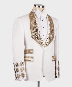 <b>Men</b>’s <b>White</b> Embroidered Wedding Suit <b>Jacket</b> with Gold Handwork Tuxedo Blazer – Designer Groom & Party Wear Coat - Product Image 2