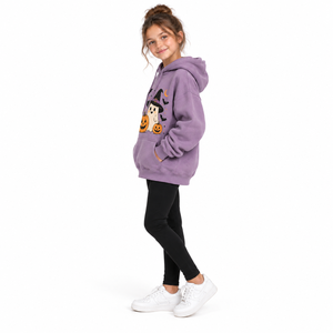 Girls Lavender Autumn Fleece <b>Halloween</b> <b>Hoodie</b> Ghost Witch Pumpkin Bat Print Pullover Sweatshirt Kangaroo Pocket Kids Casual - Product Image 5
