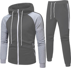 Men's Gray Full Zip Hooded <b>Tracksuit</b> Set Color Blocking Long Sleeve Casual Sportswear with Side Pockets Autumn Wear - Product Image 1