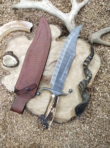 Cuchillo Bowie de Acero de Damasco Hecho a Mano con Hoja de Acero, Mango de Cuerno y Funda de Cuero para Camping y Uso General, Cuchillo para Exteriores DIY OEM - Product Image 3