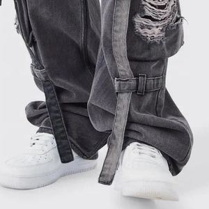 Nouveau Jean Cargo en Denim Violet Ample avec Détail de Sangle Rigide, Effet Usé, Style Streetwear, Coupe Large, Personnalisé - Product Image 3