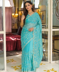 Sari de Georgette estilo Bollywood bordado y adornado - Product Image 1