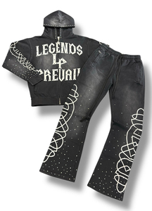 Custom Factory Luxury Rhinestone Acid Wash Sun Faded Screen Print <b>Zip</b>-Up Hoodie Sweatshirt and Joggers Flared Sweatpants Set - Product Image 5
