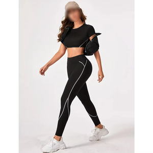 Conjunto de 2 Piezas de Leggings de Yoga para Mujer, Diseño Oxford a Rayas de Color Contrastante, Corte Regular, Transpirable, de Secado Rápido, 100% Algodón, Amazing Industries - Product Image 1