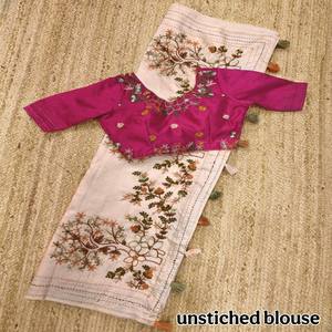 Sari de algodón VASTRA COTTAGE Tusser con bordado de hilo estilo Kashmiri, trabajo de borde Katha, borla y pallu, con blusa. - Product Image 6