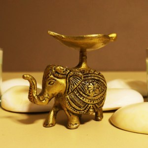 Brass Antique <b>Elephant</b> Deepam With Leaf Diya Bowl Handcrafted Traditional Pooja Oil Lamp For Home Temple - Product Image 5