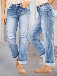 High Waist Black Ripped Denim Jeans Slim Fit Turn-Up Cuff Ankle Length Distressed Style Classic Five-Pocket Button Zip Closure - Product Image 6