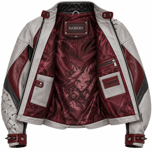 Custom <b>Women</b> Graphic Printed Biker Real Cowhide Leather Jacket Punk Spike White Grey Burgundy <b>Coat</b> OEM ODM Factory Supplier - Product Image 5