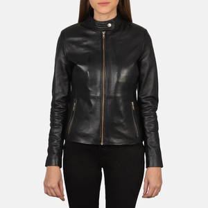 Women's Genuine Leather Moto <b>Jacket</b> Stand Collar Full Sleeve Zipper Closure Autumn Solid Color <b>Biker</b> <b>Jacket</b> - Product Image 5