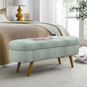 Banc de rangement ovale Ottoman gris et cyan 43,5"x16"x16" avec pieds en bois d'hévéa pour meubles de salon - Product Image 2