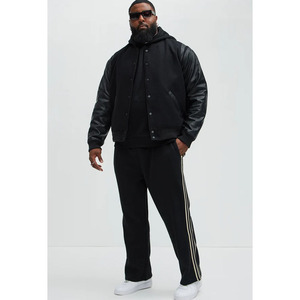 Blouson universitaire noir pour homme, manches en cuir PU, col montant Twin City, coupe décontractée, couleur unie, fermeture boutonnée, idéal pour l'automne - Product Image 2
