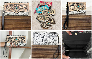 2026 Wholesale New Arrival Hand Tooled Carved Leather Clutch for Women <b>Genuine</b> Cow Leather With Turquoise Concho wristlet Wallet - Product Image 3