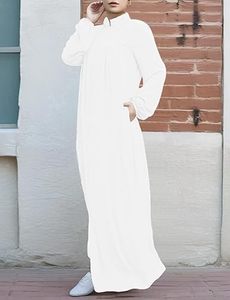 Women White Solid Color <b>Abaya</b> Long Sleeve Stand Collar Floor Length Modest Dress Lightweight Cotton Middle East <b>Prayer</b> Wear - Product Image 2