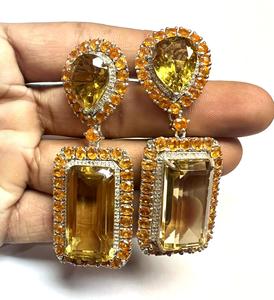 925 Sterling <b>Silver</b> Diamond <b>Stud</b> Earrings with Natural Lemon Quartz Spessartite Gemstone Rhodium Plated Luxury Party Jewelry - Product Image 1