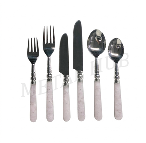 Ensemble de couverts en quartz rose, acier inoxydable, manche en résine, ensemble de 6 couverts, finition argentée brillante, vaisselle de luxe pour table à manger - Product Image 4