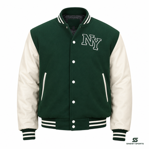 Veste de sport SINEWY pour homme, verte, style varsity, en cuir véritable, doublure en polyester, logo NY brodé, respirante, séchage rapide, coupe classique - Product Image 1